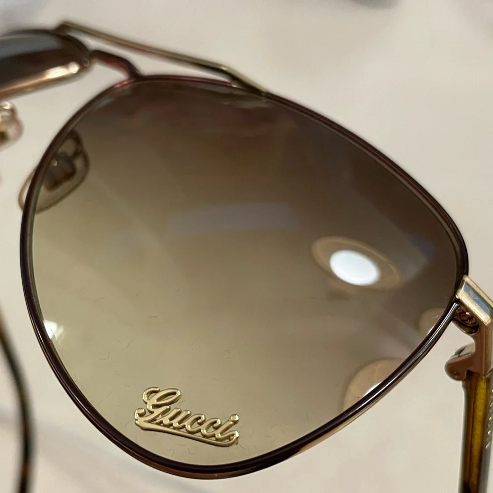 Auth EUC Gucci LOGO Aviator Sunglasses Gold HW tortoise brown gradient lenses - Picture 8 of 15